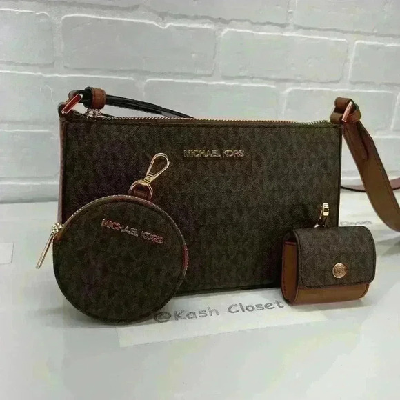 Michael Kors Crossbody Tech Attach Small Jet Set Travel MK Signature Brown - Picture 2 of 12